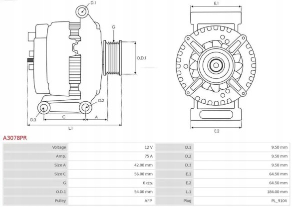 AS-PL A3078PR Alternator 75a a3078pr as-pl alfa romeo fiat