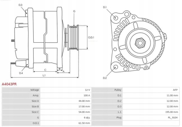 AS-PL  Alternator 100a a4043pr as-pl alfa romeo 145 146