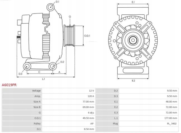AS-PL A6019PR Alternator 120a a6019pr as-pl ford c-max focus