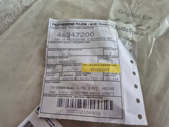 Fiat OE Magistrala płynu chłodzącego 46347200 / 68518834AA Fiat Fiorino 07-21 Coolant bus 46347200 / 68518834aa fiat fiorino 07-21