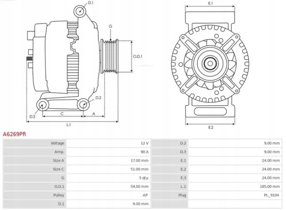 AS-PL A6269PR Alternator 90a a6269pr as-pl abarth alfa romeo