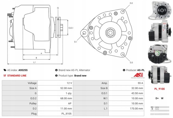 AS-PL A9525S Alternator for fiat y10 fire all-wheel drive, panda 1100, 1000 i.E. Cat, 750, uno 45