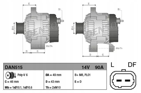 Denso DAN515 Alternator 90a dan515 denso citroen peugeot 207
