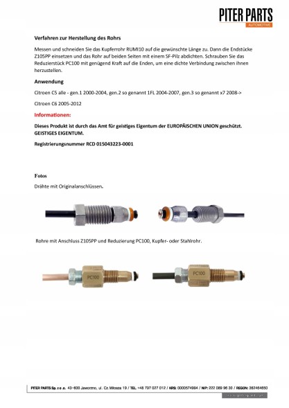 PiterParts PC100_06 Комплект гідропроводів передній і задній citroen c5 c6 мідна труба 15м