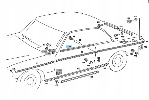 Mercedes-Benz OE A1236901780 ПЛАНКА ХРОМ ДВЕРІ ЛІВА ВЕРХНЯ ПРИШИБНА MERCEDES W123 КУПЕ