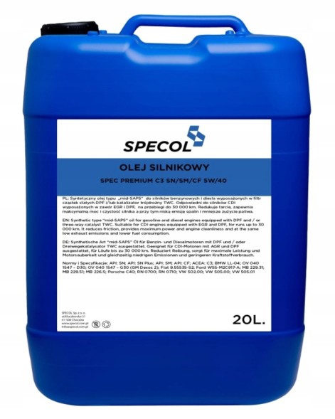 Specol 101972 МАСЛО SPECOL 5W40 20Л ПРЕМІУМ C3 SN+/SM/CF / 502.00 505.00