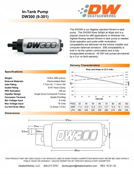DeatschWerks USA-DW-9-301-1031 Паливний насос DW300 DeatschWerks (320lph) BMW E36 E46 монтажний комплект