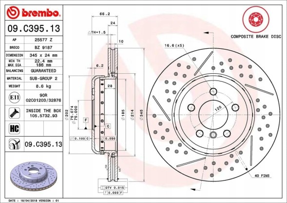 Brembo 09.C395.13 Гальмівний диск задній brembo 09.C395.13 1шт
