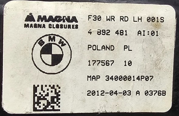 BMW OE 4892481 BMW OE ORG СКЛОПІДІЙМАЧ ЛІВИЙ ЗАДНІЙ BMW 3 F30 - 4892481