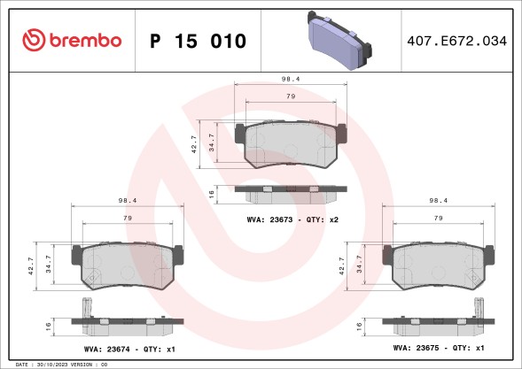 P15010 BREMBO Комплект гальмівних колодок з 4 шт дисків