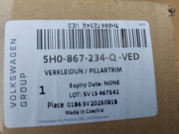 Volkswagen OE 5H0867234Q VED_GTECH VW GOLF VIII 8 ЗАХИСНА НАКЛАДКА СТІЙКИ А ПРАВА STORM GRAY HARMAN&amp;KARDON 5H0867234Q