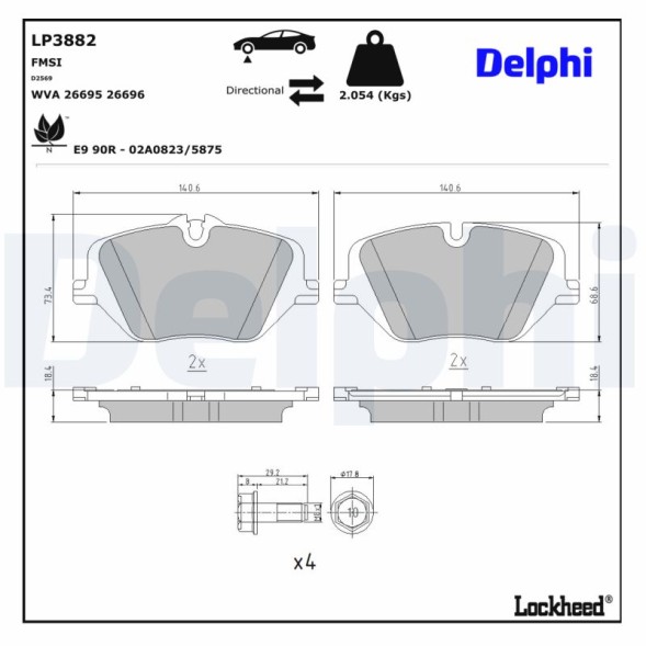 LP3882 DELPHI Комплект гальмівних колодок з 4 шт дисків