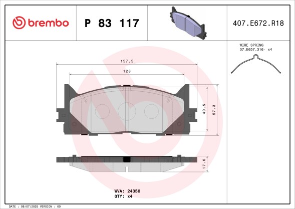 P83117 BREMBO Комплект гальмівних колодок з 4 шт дисків