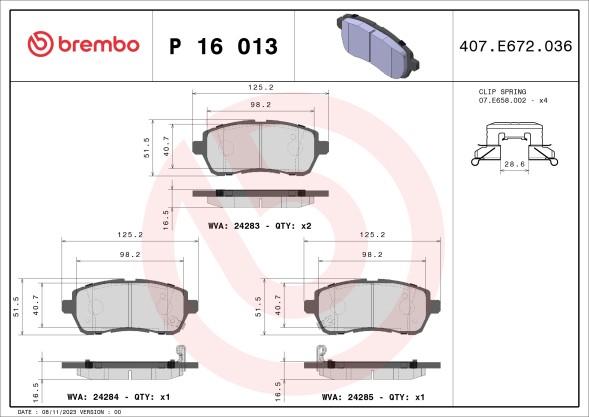 P16013 BREMBO Комплект гальмівних колодок з 4 шт дисків