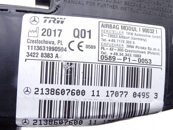 Mercedes-Benz OE 2138607600 GBI_BMW O MERCEDES E-KLASA W213 16-23 ПОДУШКА AIRBAG СИДІННЯ ПРАВА ОРИГІНАЛ НОВА