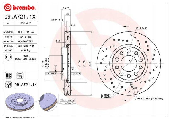 Brembo 09.A721.1X Гальмівні диски brembo 09.A721.1x
