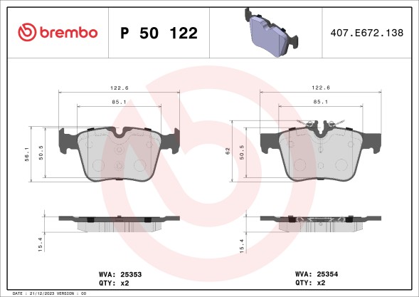 P50122 BREMBO Комплект гальмівних колодок з 4 шт дисків