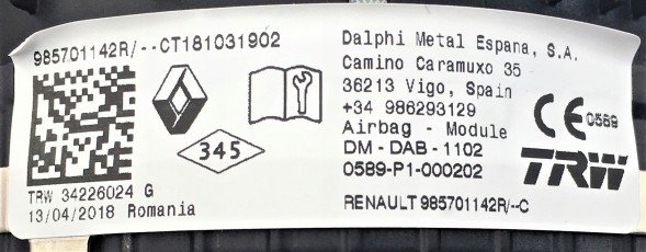 Dacia OE 985701142R Airbag Powietrzna II Lift NOWA 34226032D CT181031902 986293129 34226032 D Dacia Sandero Stepway II ліфт Dokker Lodgy Sandero Подушка водія НОВА