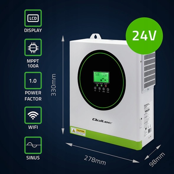 AHE 53864 Сонячний інвертор qoltec off-grid 3500w mppt з опцією wi-fi 24в