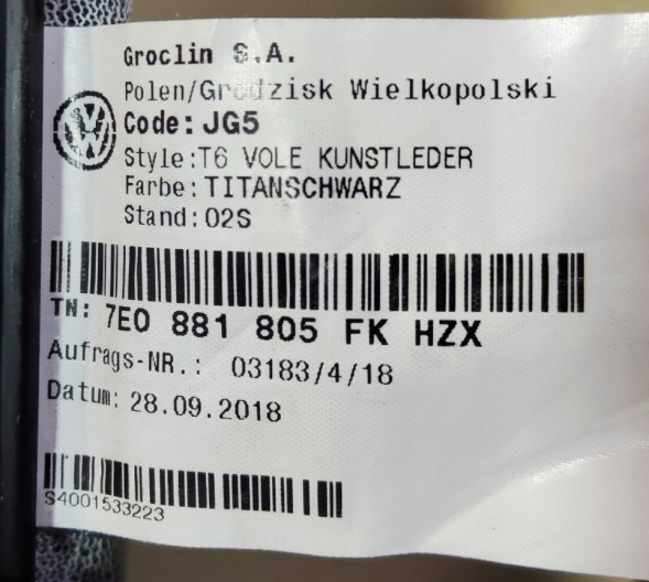 Volkswagen OE 7E0881805FK HZX VW T6 переднє сидіння оббивка спинки матеріал оригінал TITANSCHWARZ