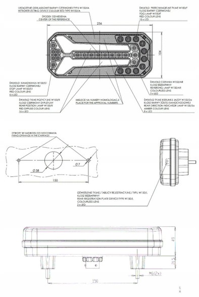 WAŚ ARIS 03_V1 Набір задніх світлодіодних ліхтарів W150 з кабелем 5 м 13PIN 12V-24V