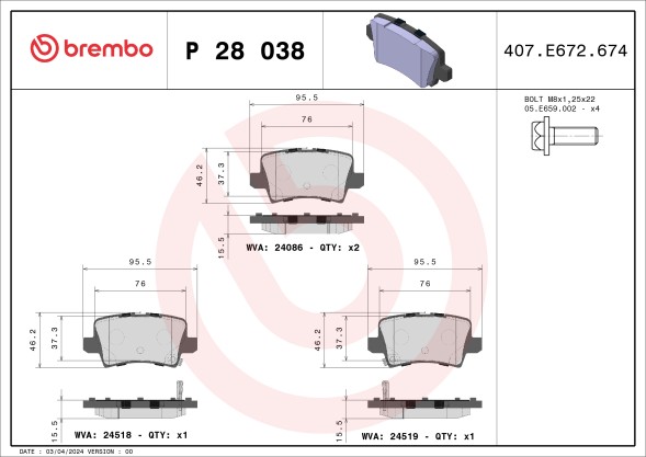 P28038 BREMBO Комплект гальмівних колодок з 4 шт дисків