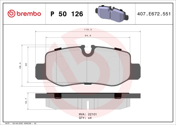 P50126 BREMBO Комплект гальмівних колодок з 4 шт дисків
