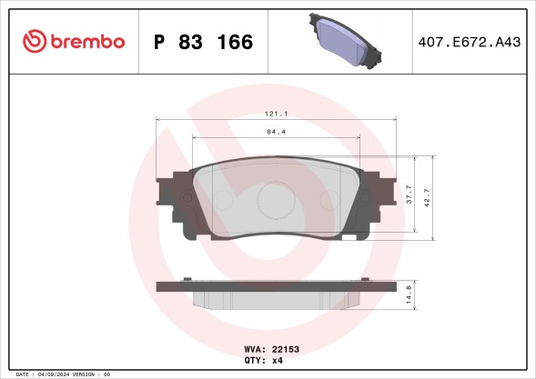 P83166 BREMBO Комплект гальмівних колодок з 4 шт дисків