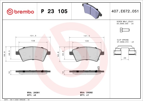 P23105 BREMBO Комплект гальмівних колодок з 4 шт дисків