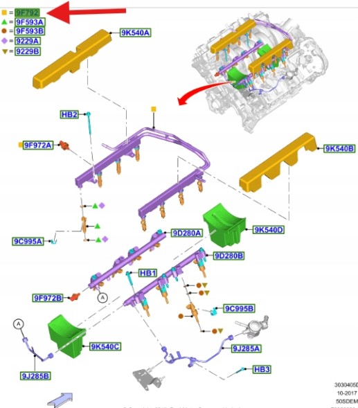 Ford OE JR3E-9F792-AC JR3Z9F792A ІНЖЕКТОРНА ПЛАНКА 5.0 V8 FORD MUSTANG 2017- OE 2119666 _ JR3E-9F792-AC