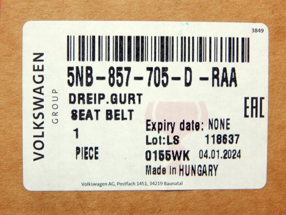 Volkswagen OE 5NB857705D RAA НОВИЙ РЕМІНЬ БЕЗПЕКИ ПЕРЕДНІЙ ЛІВИЙ 5NB857705D SEAT TARRACO VW TIGUAN II ОФІЦІЙНИЙ ДИЛЕР