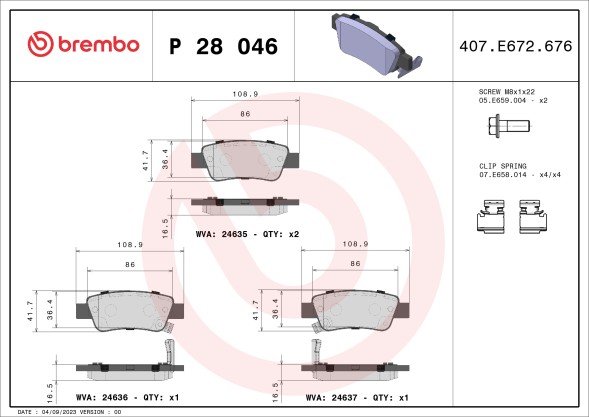 P28046 BREMBO Комплект гальмівних колодок з 4 шт дисків