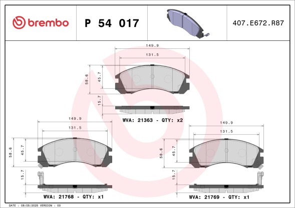 P54017 BREMBO Комплект гальмівних колодок з 4 шт дисків