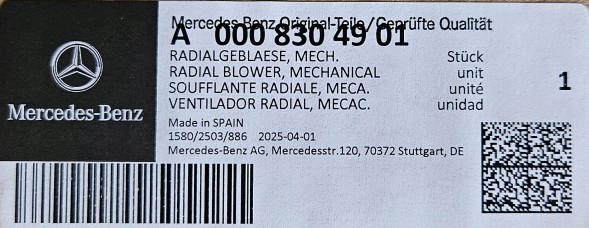 Mercedes-Benz OE A0008304901 Повітродувка вентилятор салону mercedes vito клас v 447 448