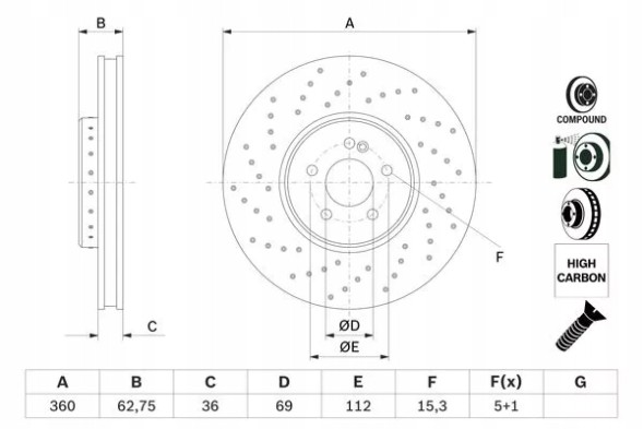 Bosch 0 986 479 G38 Гальмівний диск двосекційний передній l/p mercedes c (a205), c (c205), c