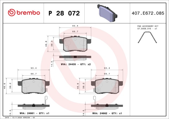 P28072 BREMBO Комплект гальмівних колодок з 4 шт дисків