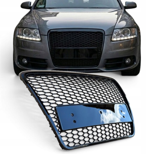 Китай Audi A6 C6 Plaster Miodu Grill Atrapa Zderzaka Решітка радіатора Audi A6 C6 2004-2008 "Стільники" Чорний Глянець RS Накладка на бампер