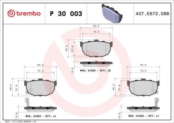 P30003 BREMBO Комплект гальмівних колодок з 4 шт дисків