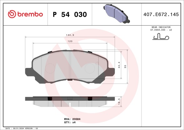 P54030 BREMBO Комплект гальмівних колодок з 4 шт дисків
