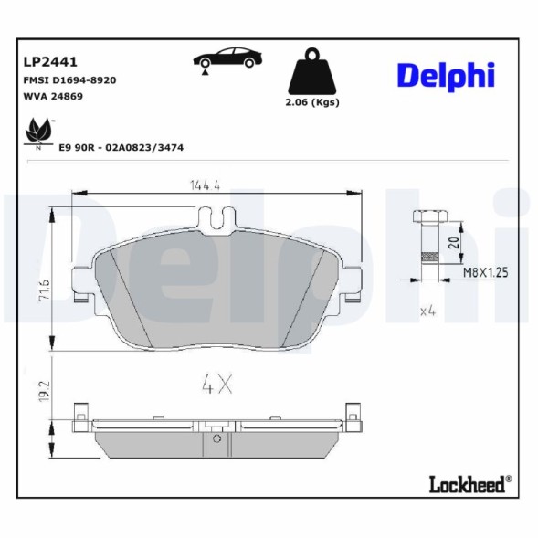 LP2441 DELPHI Комплект гальмівних колодок з 4 шт дисків