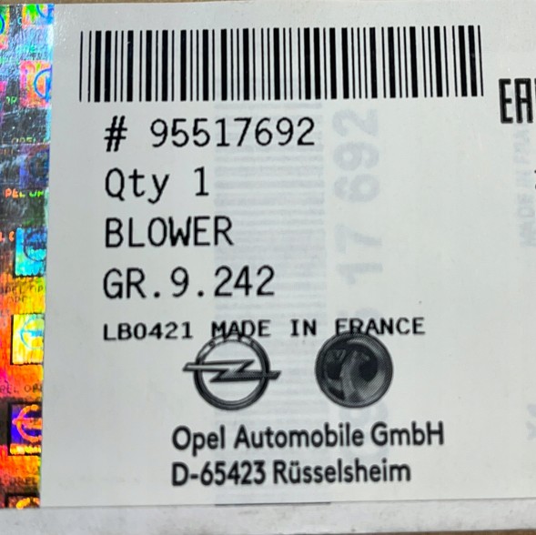 Opel OE 95517692 Вентилятор додаткового опалення Opel Vivaro Б