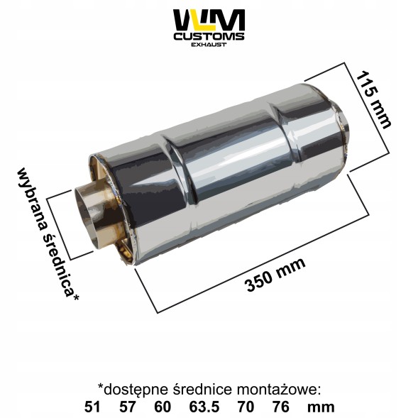 WLM Customs WLM-MUF-115-OKx350 Спортивний глушник наскрізний WLM 115 мм, круглий, довжина 350 мм, нержавіюча сталь INOX