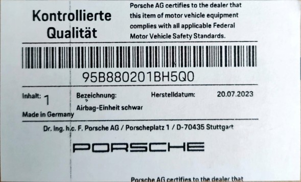Porsche OE 95B880201BH 5Q0 Подушка безпеки AirBag Фронт Керівники Porsche Macan OE