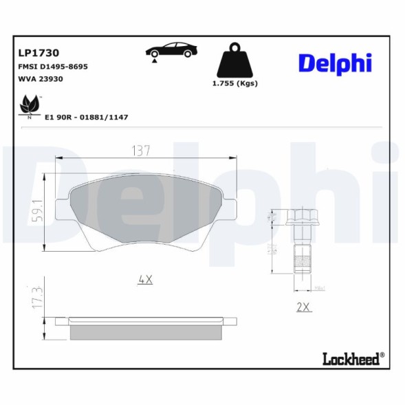 LP1730 DELPHI Комплект гальмівних колодок з 4 шт дисків
