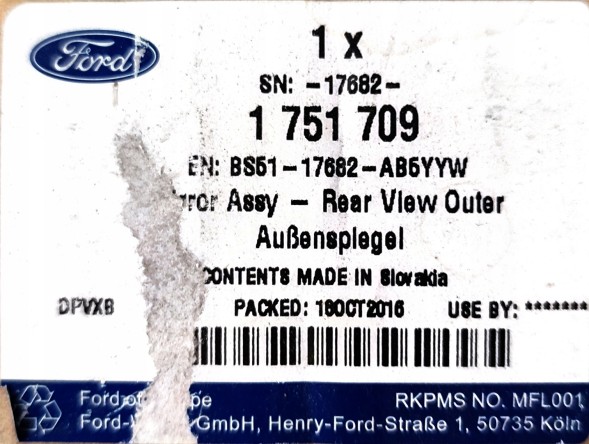 Ford OE BS51-17682-AB5YYW ДЗЕРКАЛО ПРАВЕ FORD KA Mk2 2008-2016 р.в