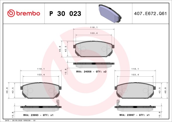P30023 BREMBO Комплект гальмівних колодок з 4 шт дисків