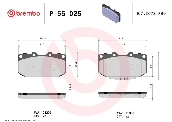 P56025 BREMBO Комплект гальмівних колодок з 4 шт дисків
