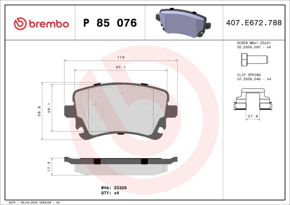 P85076 BREMBO Комплект гальмівних колодок з 4 шт дисків