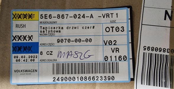 Skoda OE 5E6867024K VRT Skoda Octavia 4 ОББИВКА ДВЕРІ ЗАДНЯ ПРАВА OCTAVIA IV 5E6867024A