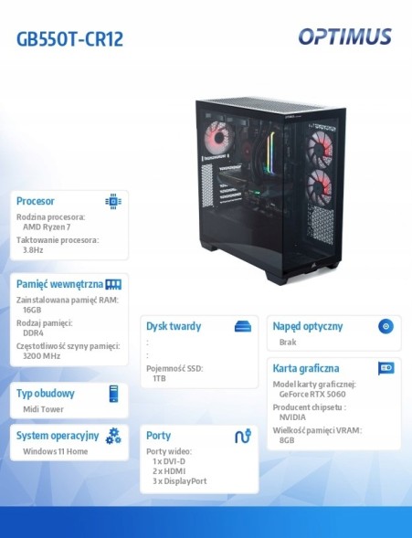 Китай WEW-SC-AB-RDOPSCSMAOW8017 Ігровий комп'ютер OPTIMUS GB550T-CR12 R7-5800X 16GB RTX 5060 1TB W11